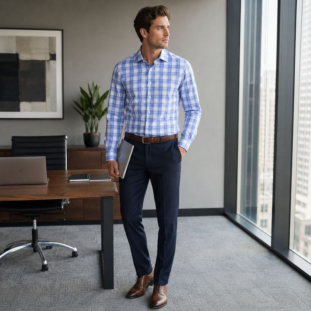 UNTUCKIT Mens New Button Shirt XXL Plaid Blue White Slim Fit GILLINGHAM-WF-BLUE